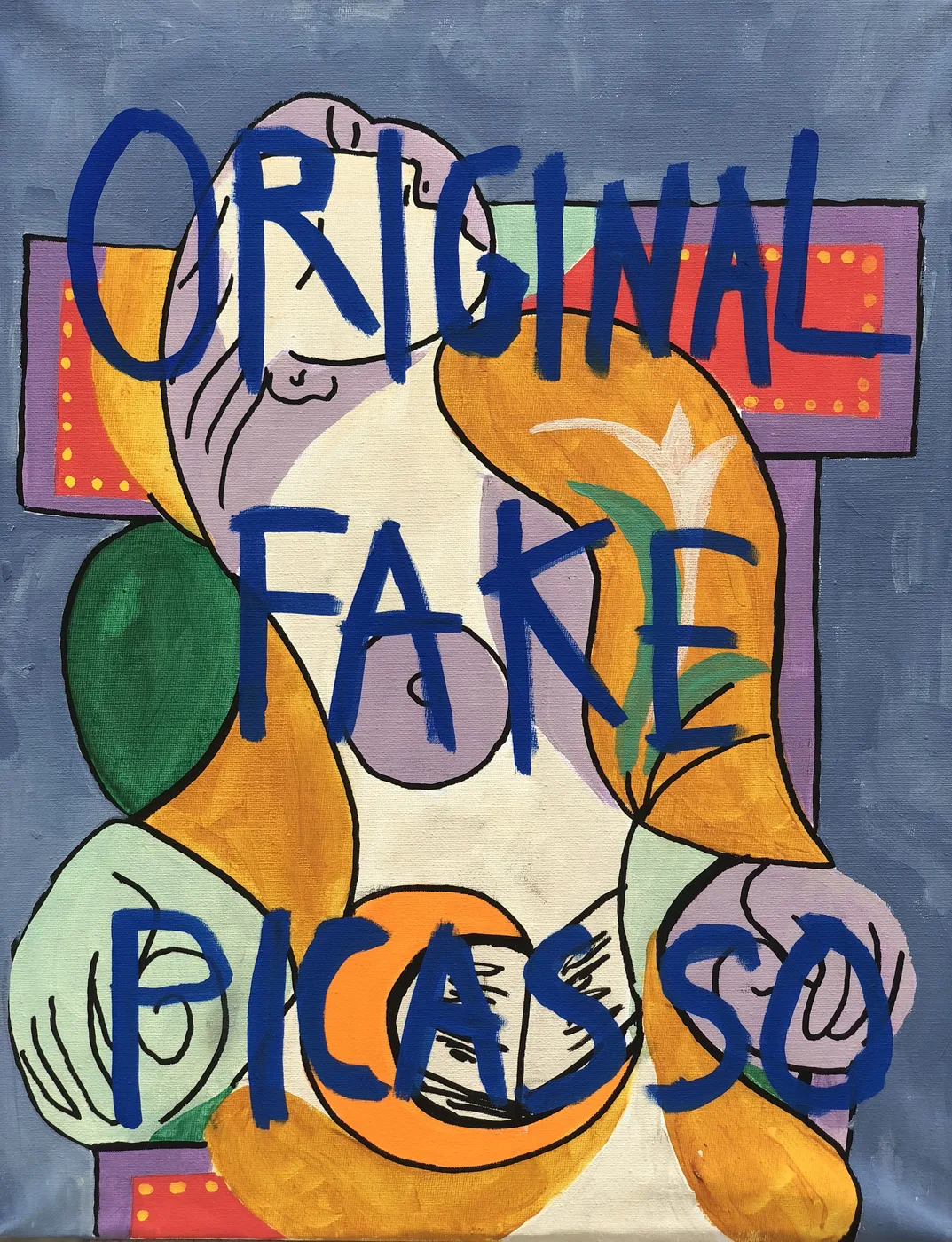 Original Fake Picasso bold contemporary statement art poster print, cubist-style figure painting with bold blue text overlay, irony and authenticity visual commentary, contemporary art-about-art philosophy, warm blue and yellow palette, archival quality print, conceptual art collector wall piece, bold home statement décor, contemporary ironic art gift, gallery statement art, meta-art visual commentary print.