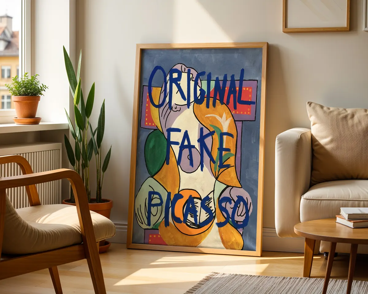 Original Fake Picasso bold contemporary statement art poster print, cubist-style figure painting with bold blue text overlay, irony and authenticity visual commentary, contemporary art-about-art philosophy, warm blue and yellow palette, archival quality print, conceptual art collector wall piece, bold home statement décor, contemporary ironic art gift, gallery statement art, meta-art visual commentary print. — photo 2