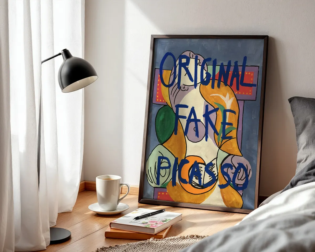 Original Fake Picasso bold contemporary statement art poster print, cubist-style figure painting with bold blue text overlay, irony and authenticity visual commentary, contemporary art-about-art philosophy, warm blue and yellow palette, archival quality print, conceptual art collector wall piece, bold home statement décor, contemporary ironic art gift, gallery statement art, meta-art visual commentary print. — photo 3