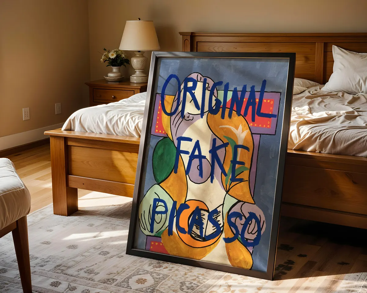 Original Fake Picasso bold contemporary statement art poster print, cubist-style figure painting with bold blue text overlay, irony and authenticity visual commentary, contemporary art-about-art philosophy, warm blue and yellow palette, archival quality print, conceptual art collector wall piece, bold home statement décor, contemporary ironic art gift, gallery statement art, meta-art visual commentary print. — photo 4