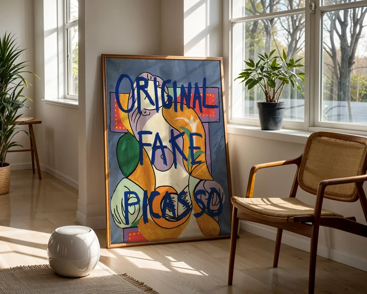 Original Fake Picasso bold contemporary statement art poster print, cubist-style figure painting with bold blue text overlay, irony and authenticity visual commentary, contemporary art-about-art philosophy, warm blue and yellow palette, archival quality print, conceptual art collector wall piece, bold home statement décor, contemporary ironic art gift, gallery statement art, meta-art visual commentary print. — photo 5