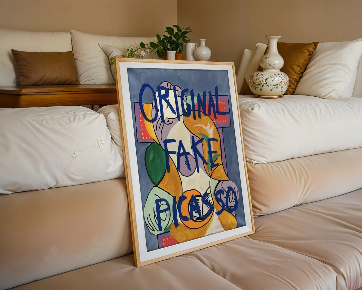 Original Fake Picasso bold contemporary statement art poster print, cubist-style figure painting with bold blue text overlay, irony and authenticity visual commentary, contemporary art-about-art philosophy, warm blue and yellow palette, archival quality print, conceptual art collector wall piece, bold home statement décor, contemporary ironic art gift, gallery statement art, meta-art visual commentary print. — photo 6