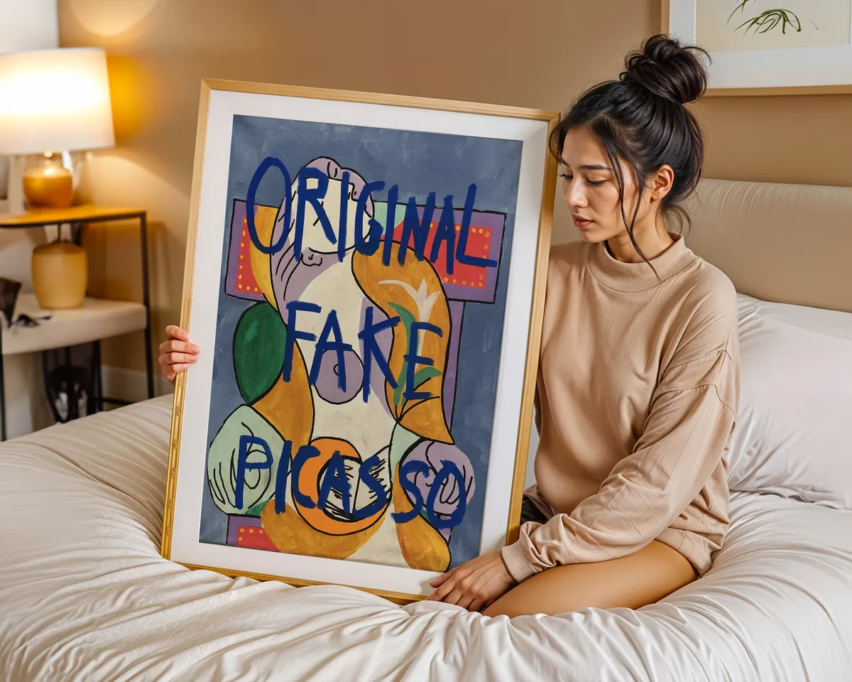 Original Fake Picasso bold contemporary statement art poster print, cubist-style figure painting with bold blue text overlay, irony and authenticity visual commentary, contemporary art-about-art philosophy, warm blue and yellow palette, archival quality print, conceptual art collector wall piece, bold home statement décor, contemporary ironic art gift, gallery statement art, meta-art visual commentary print. — photo 7