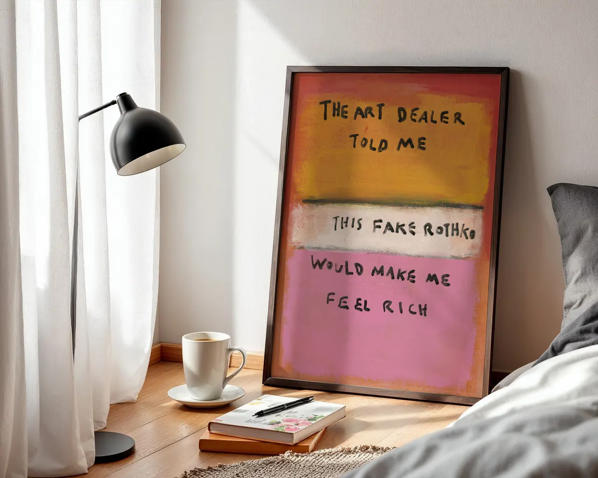Fake Gucci Fake Louis Fake Rothko I'm Ballin bold contemporary statement art poster print, Rothko colour field format with irreverent luxury commentary, red and orange block palette with hand-painted text, conceptual art-about-authenticity philosophy, contemporary ironic visual language, archival quality print, statement art collector wall piece, bold home décor, ironic luxury art gift, meta art statement print. — photo 3
