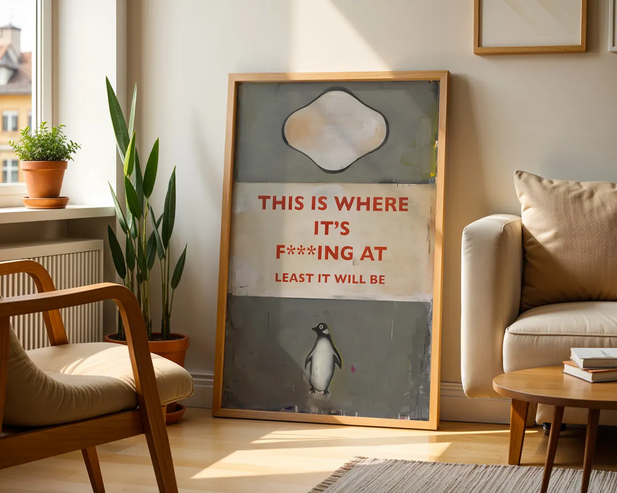 Pelican Books-inspired contemporary dark humour art poster print, classic Penguin cover format with bold red text and penguin illustration, deadpan optimism visual language, graphic book design aesthetic, grey and cream palette, archival quality print, contemporary humour art collector wall piece, dark wit home décor, funny art lover gift, ironic statement art, British humour-inspired print. — photo 2