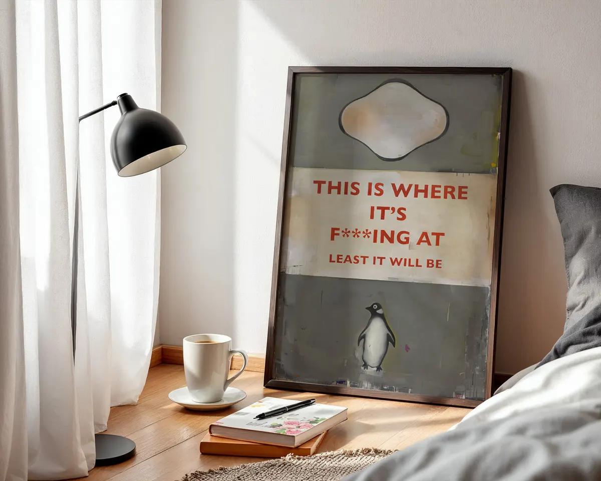 Pelican Books-inspired contemporary dark humour art poster print, classic Penguin cover format with bold red text and penguin illustration, deadpan optimism visual language, graphic book design aesthetic, grey and cream palette, archival quality print, contemporary humour art collector wall piece, dark wit home décor, funny art lover gift, ironic statement art, British humour-inspired print. — photo 3