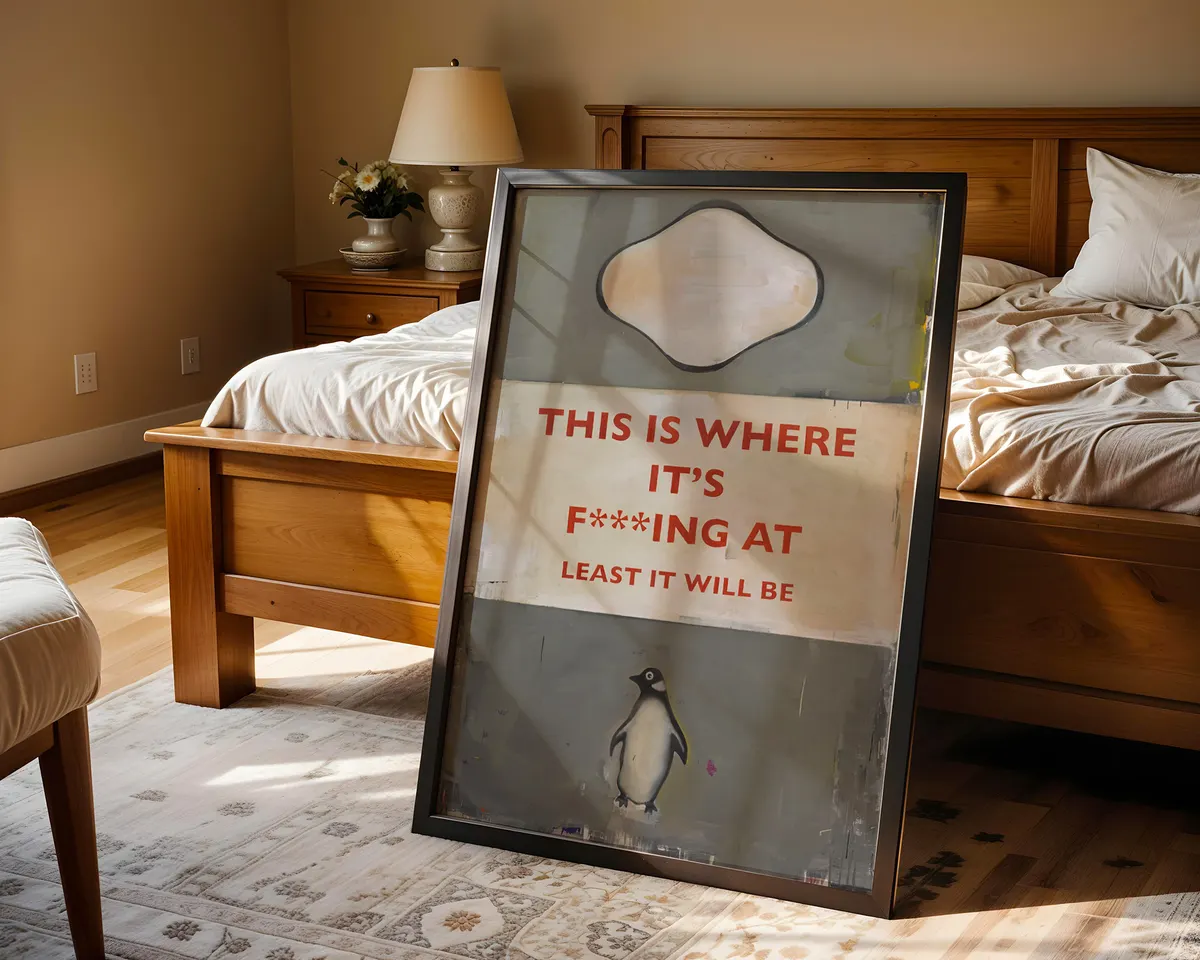 Pelican Books-inspired contemporary dark humour art poster print, classic Penguin cover format with bold red text and penguin illustration, deadpan optimism visual language, graphic book design aesthetic, grey and cream palette, archival quality print, contemporary humour art collector wall piece, dark wit home décor, funny art lover gift, ironic statement art, British humour-inspired print. — photo 4