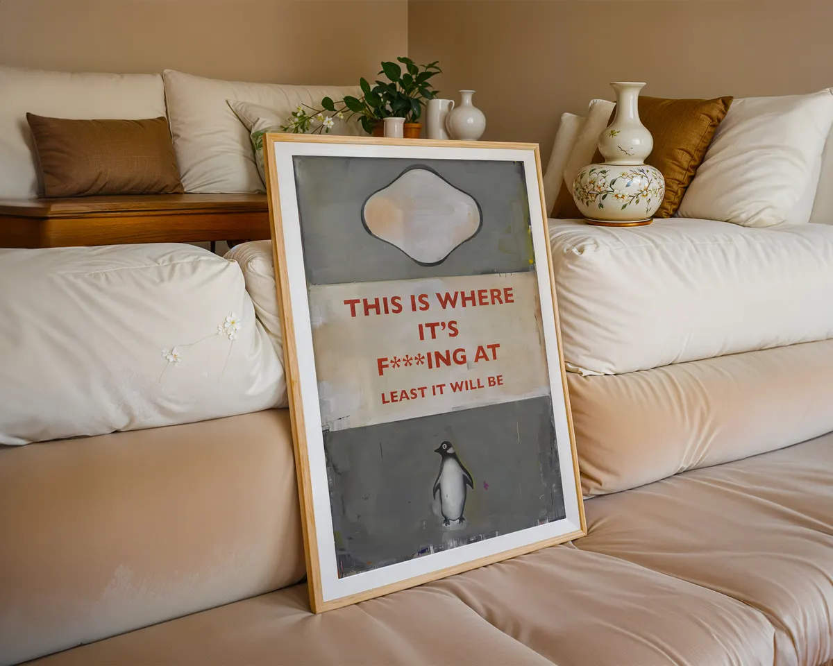 Pelican Books-inspired contemporary dark humour art poster print, classic Penguin cover format with bold red text and penguin illustration, deadpan optimism visual language, graphic book design aesthetic, grey and cream palette, archival quality print, contemporary humour art collector wall piece, dark wit home décor, funny art lover gift, ironic statement art, British humour-inspired print. — photo 6