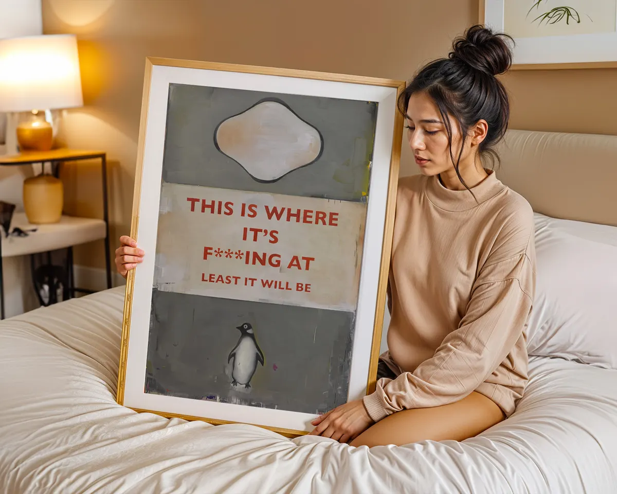Pelican Books-inspired contemporary dark humour art poster print, classic Penguin cover format with bold red text and penguin illustration, deadpan optimism visual language, graphic book design aesthetic, grey and cream palette, archival quality print, contemporary humour art collector wall piece, dark wit home décor, funny art lover gift, ironic statement art, British humour-inspired print. — photo 7