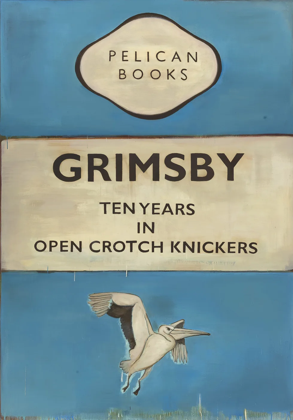 Grimsby Pelican Books British dark humour contemporary art poster print, classic Pelican Books cover format with absurdist title and gannet bird illustration, deadpan British wit visual language, blue and cream palette, archival quality print, contemporary humour art collector wall piece, dark wit home décor, British humour lover gift, ironic statement art, Pelican Books-inspired absurdist print.