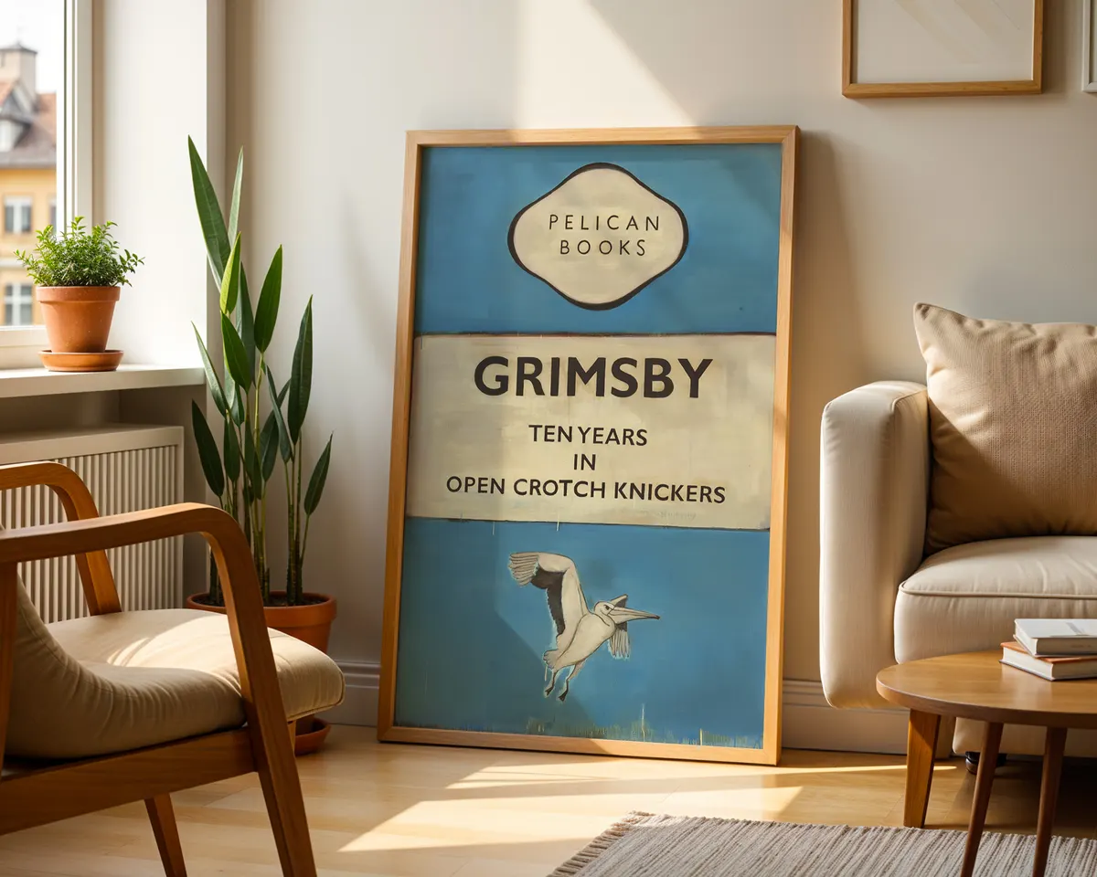 Grimsby Pelican Books British dark humour contemporary art poster print, classic Pelican Books cover format with absurdist title and gannet bird illustration, deadpan British wit visual language, blue and cream palette, archival quality print, contemporary humour art collector wall piece, dark wit home décor, British humour lover gift, ironic statement art, Pelican Books-inspired absurdist print. — photo 2