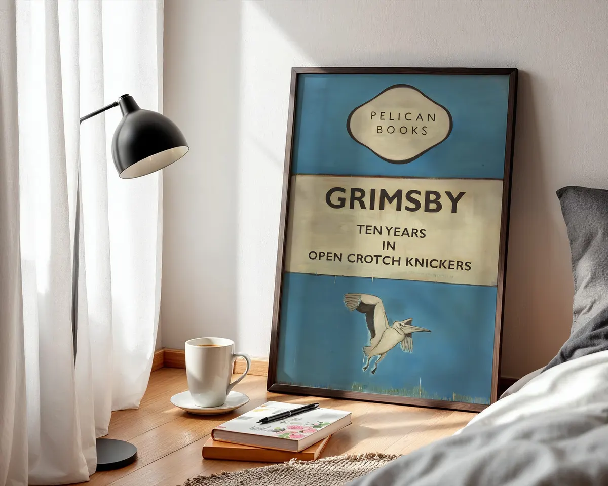 Grimsby Pelican Books British dark humour contemporary art poster print, classic Pelican Books cover format with absurdist title and gannet bird illustration, deadpan British wit visual language, blue and cream palette, archival quality print, contemporary humour art collector wall piece, dark wit home décor, British humour lover gift, ironic statement art, Pelican Books-inspired absurdist print. — photo 3