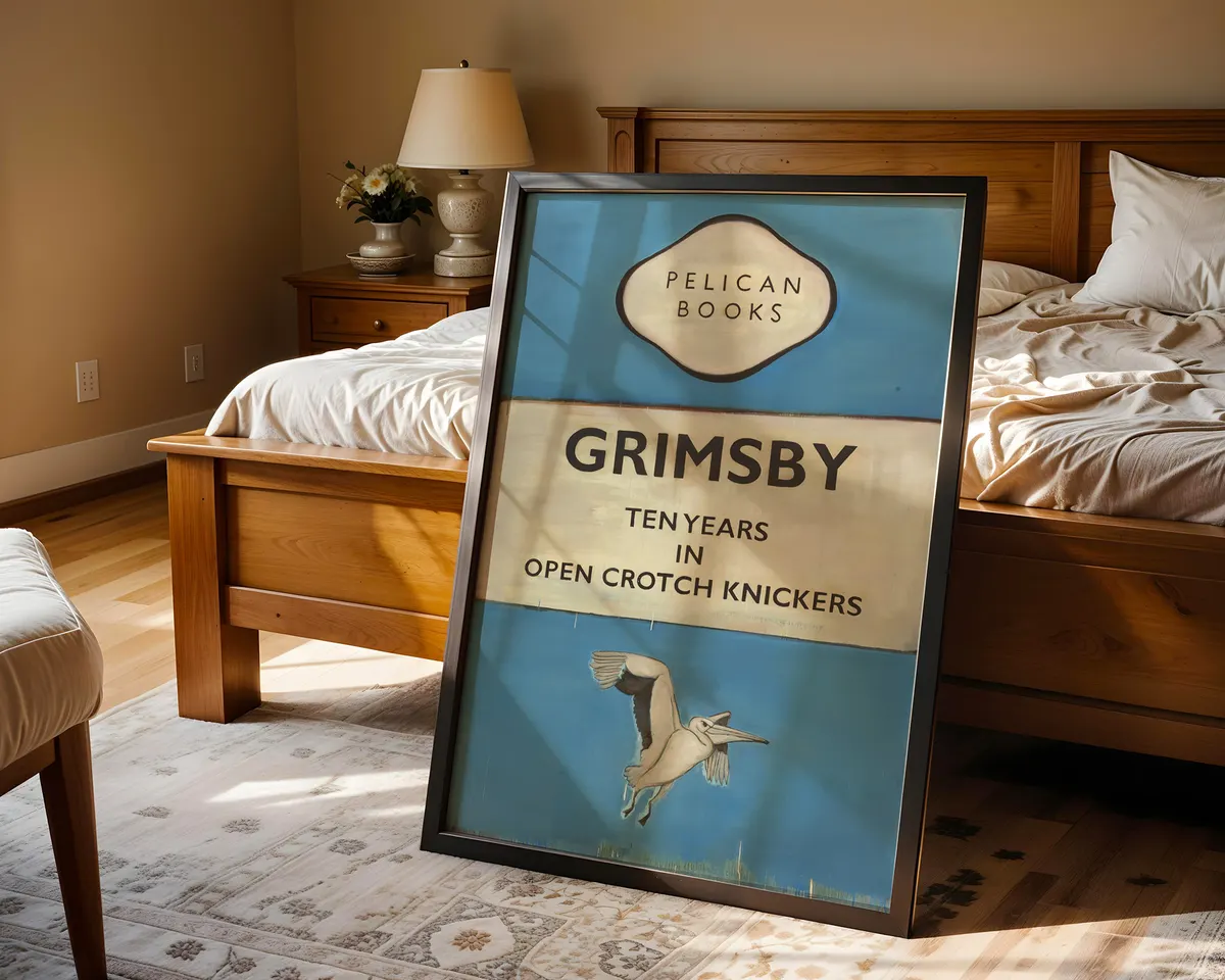 Grimsby Pelican Books British dark humour contemporary art poster print, classic Pelican Books cover format with absurdist title and gannet bird illustration, deadpan British wit visual language, blue and cream palette, archival quality print, contemporary humour art collector wall piece, dark wit home décor, British humour lover gift, ironic statement art, Pelican Books-inspired absurdist print. — photo 4
