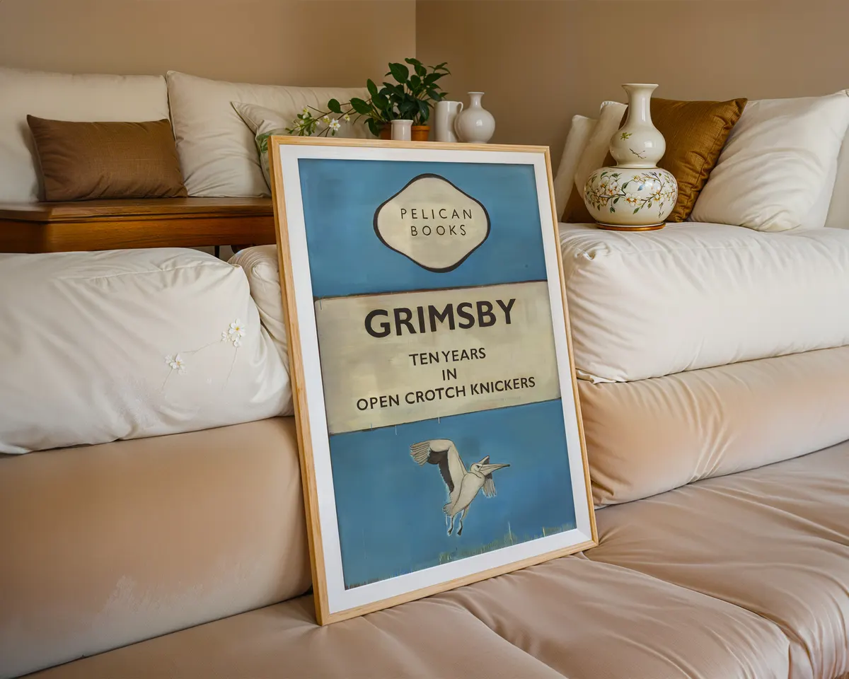 Grimsby Pelican Books British dark humour contemporary art poster print, classic Pelican Books cover format with absurdist title and gannet bird illustration, deadpan British wit visual language, blue and cream palette, archival quality print, contemporary humour art collector wall piece, dark wit home décor, British humour lover gift, ironic statement art, Pelican Books-inspired absurdist print. — photo 6