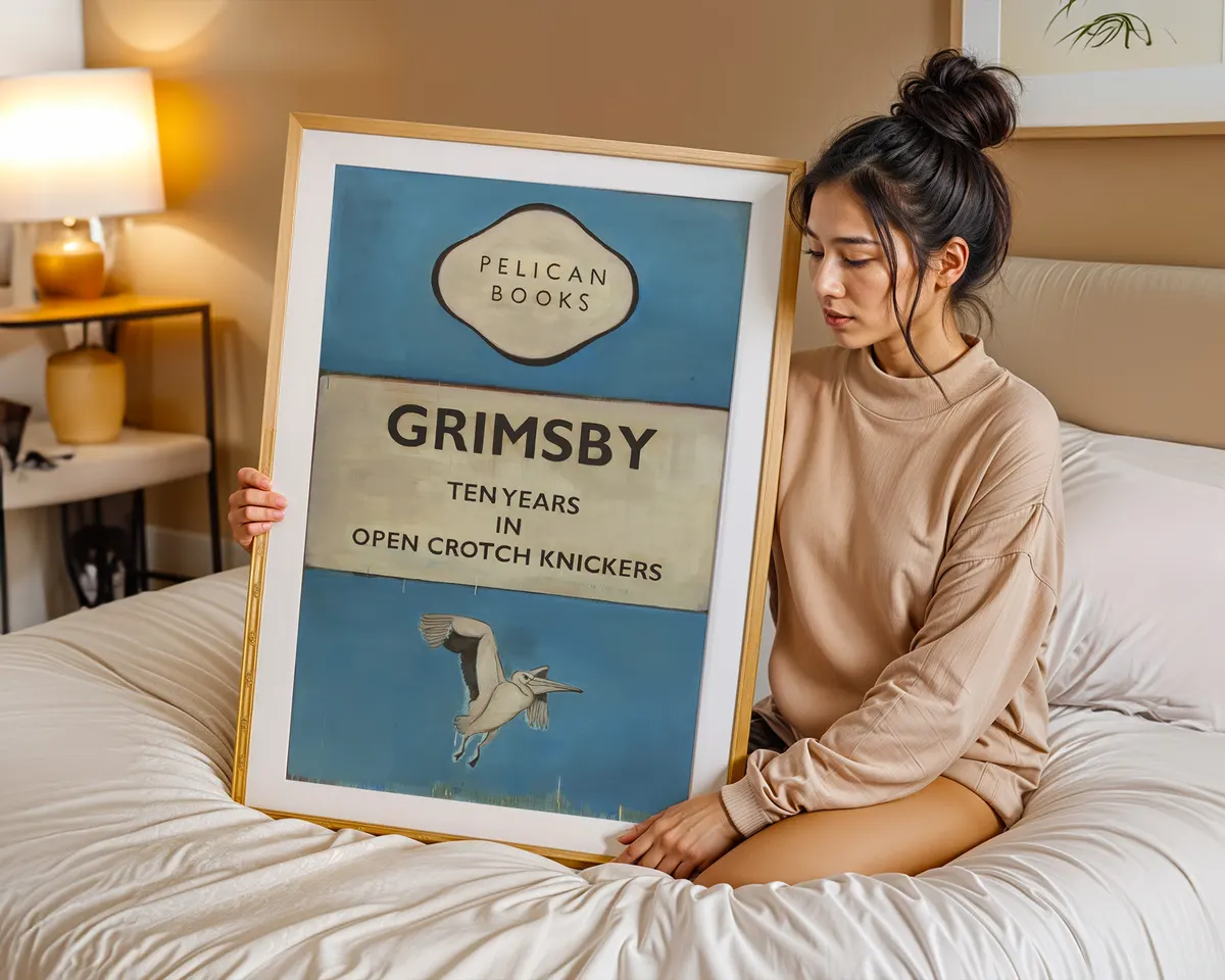 Grimsby Pelican Books British dark humour contemporary art poster print, classic Pelican Books cover format with absurdist title and gannet bird illustration, deadpan British wit visual language, blue and cream palette, archival quality print, contemporary humour art collector wall piece, dark wit home décor, British humour lover gift, ironic statement art, Pelican Books-inspired absurdist print. — photo 7