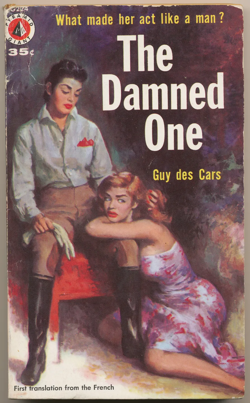 Vintage 1950s lesbian pulp paperback cover poster titled The Damned One in a bold dramatic illustrated style.
