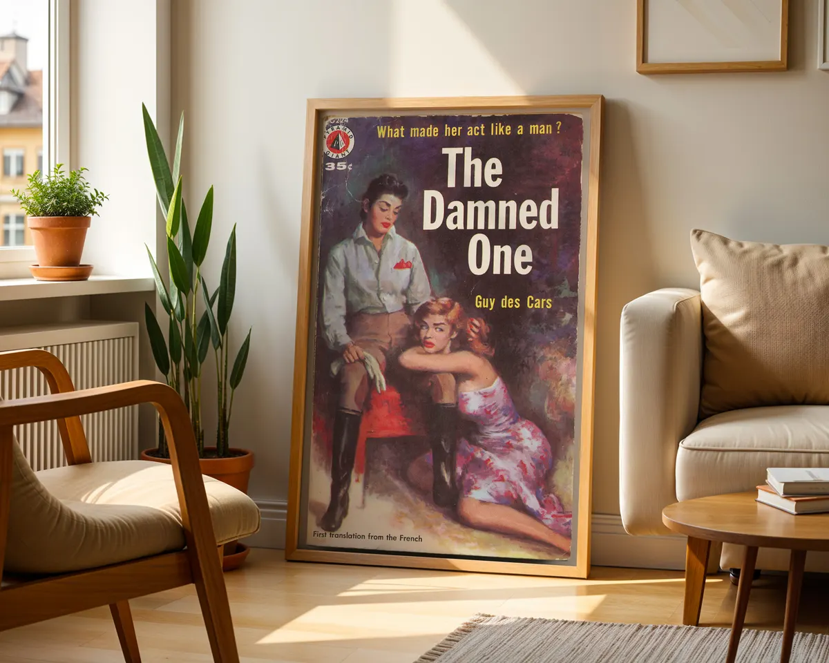 Vintage 1950s lesbian pulp paperback cover poster titled The Damned One in a bold dramatic illustrated style. — photo 2