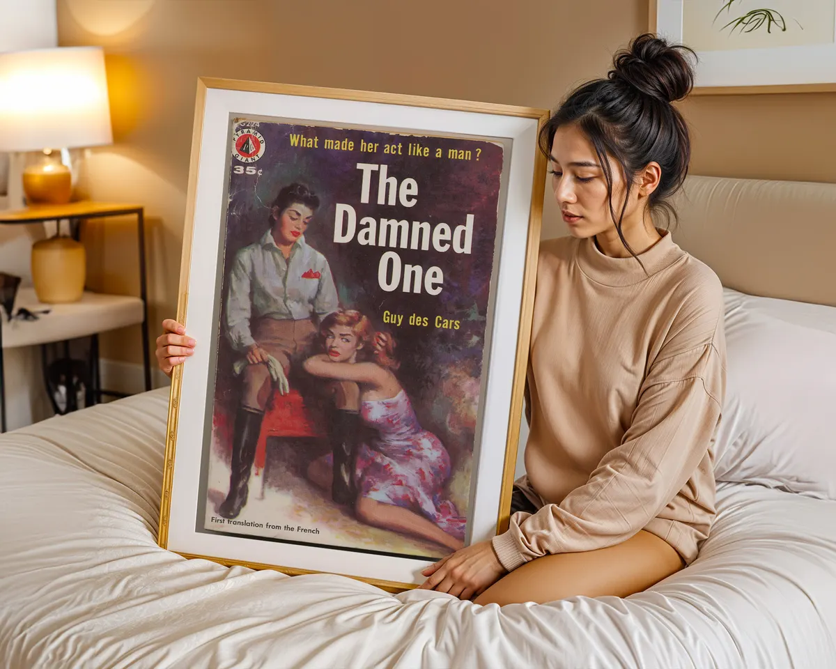 Vintage 1950s lesbian pulp paperback cover poster titled The Damned One in a bold dramatic illustrated style. — photo 7
