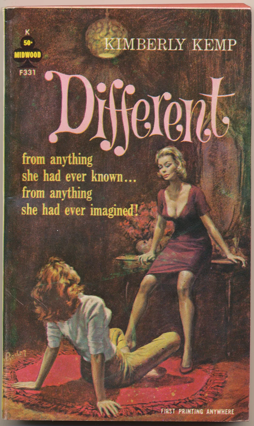 Vintage 1950s lesbian pulp paperback cover poster titled Different in a bold illustrated mid-century style.