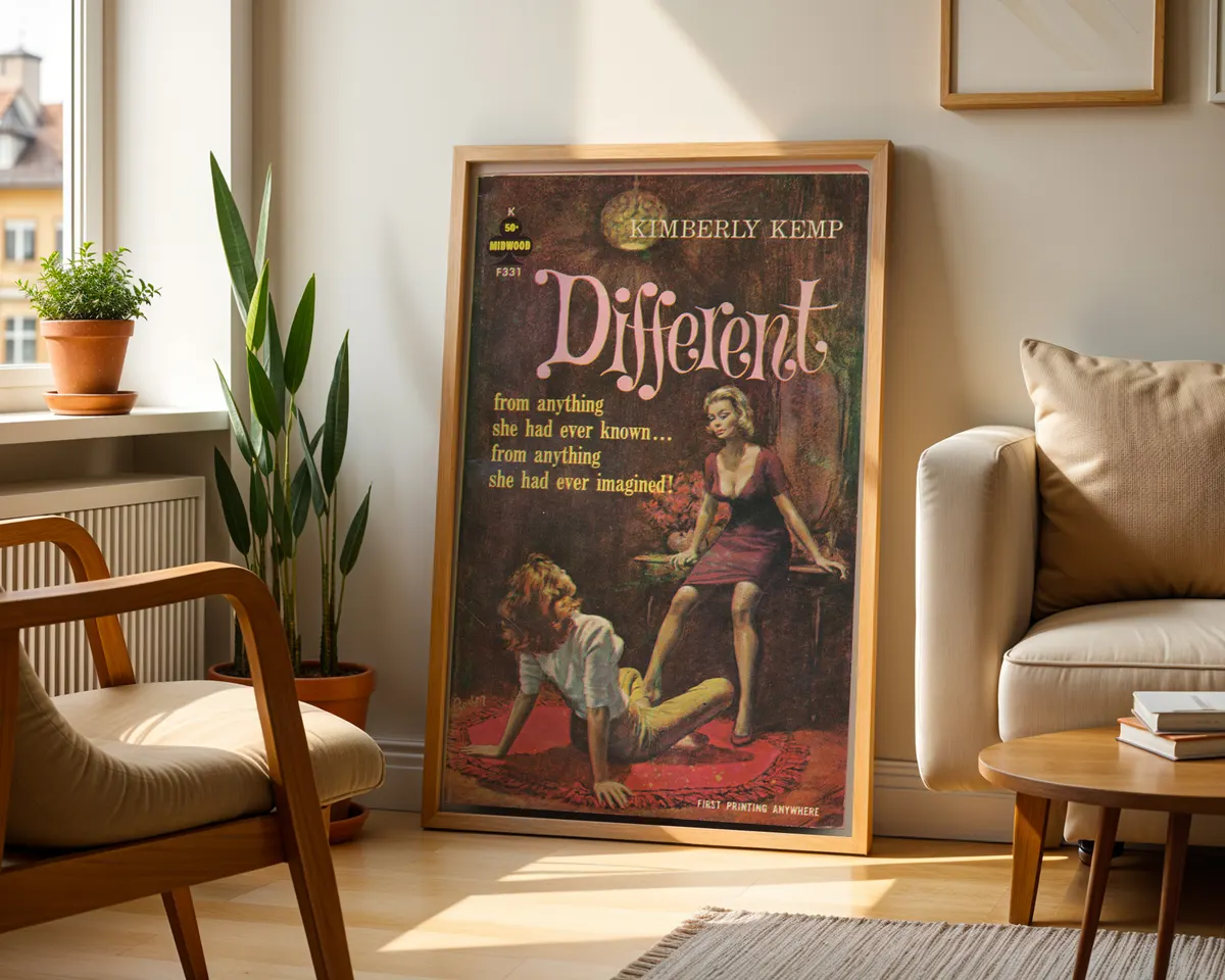 Vintage 1950s lesbian pulp paperback cover poster titled Different in a bold illustrated mid-century style. — photo 2