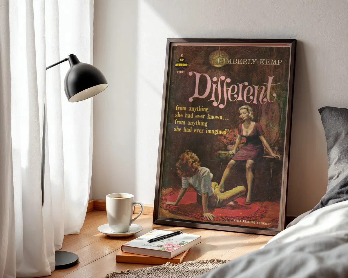 Vintage 1950s lesbian pulp paperback cover poster titled Different in a bold illustrated mid-century style. — photo 3