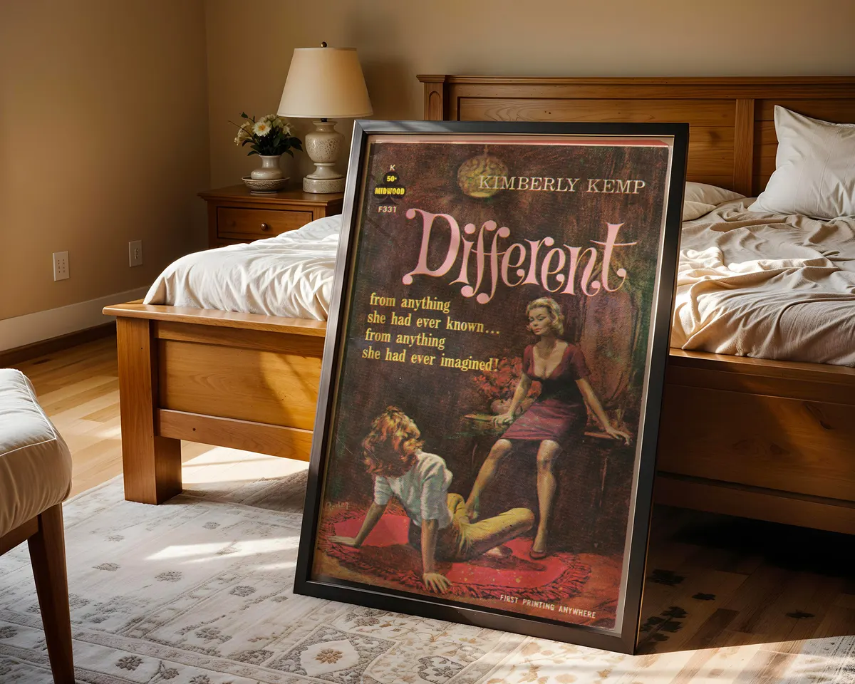 Vintage 1950s lesbian pulp paperback cover poster titled Different in a bold illustrated mid-century style. — photo 4