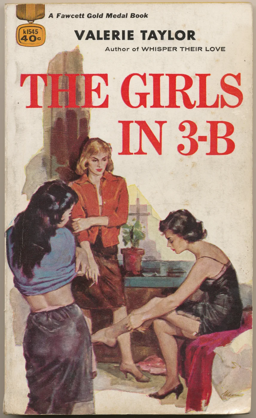 Vintage lesbian pulp paperback cover poster for Girls in 3-B showing three women in a warm mid-century illustration.