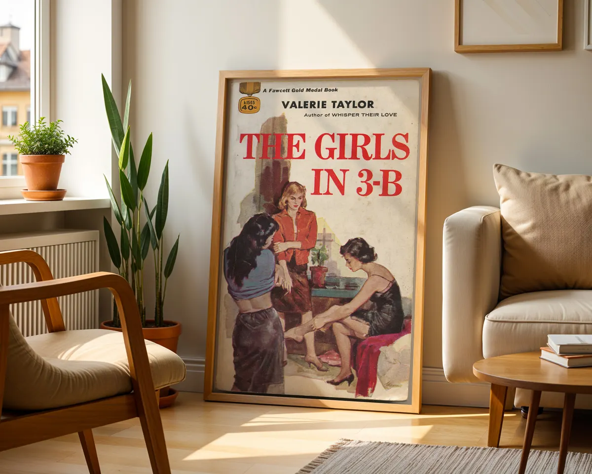 Vintage lesbian pulp paperback cover poster for Girls in 3-B showing three women in a warm mid-century illustration. — photo 2