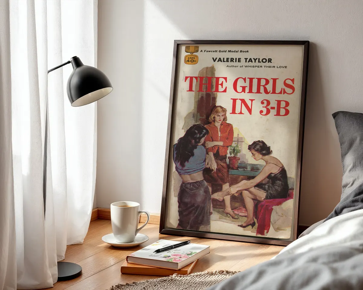 Vintage lesbian pulp paperback cover poster for Girls in 3-B showing three women in a warm mid-century illustration. — photo 3