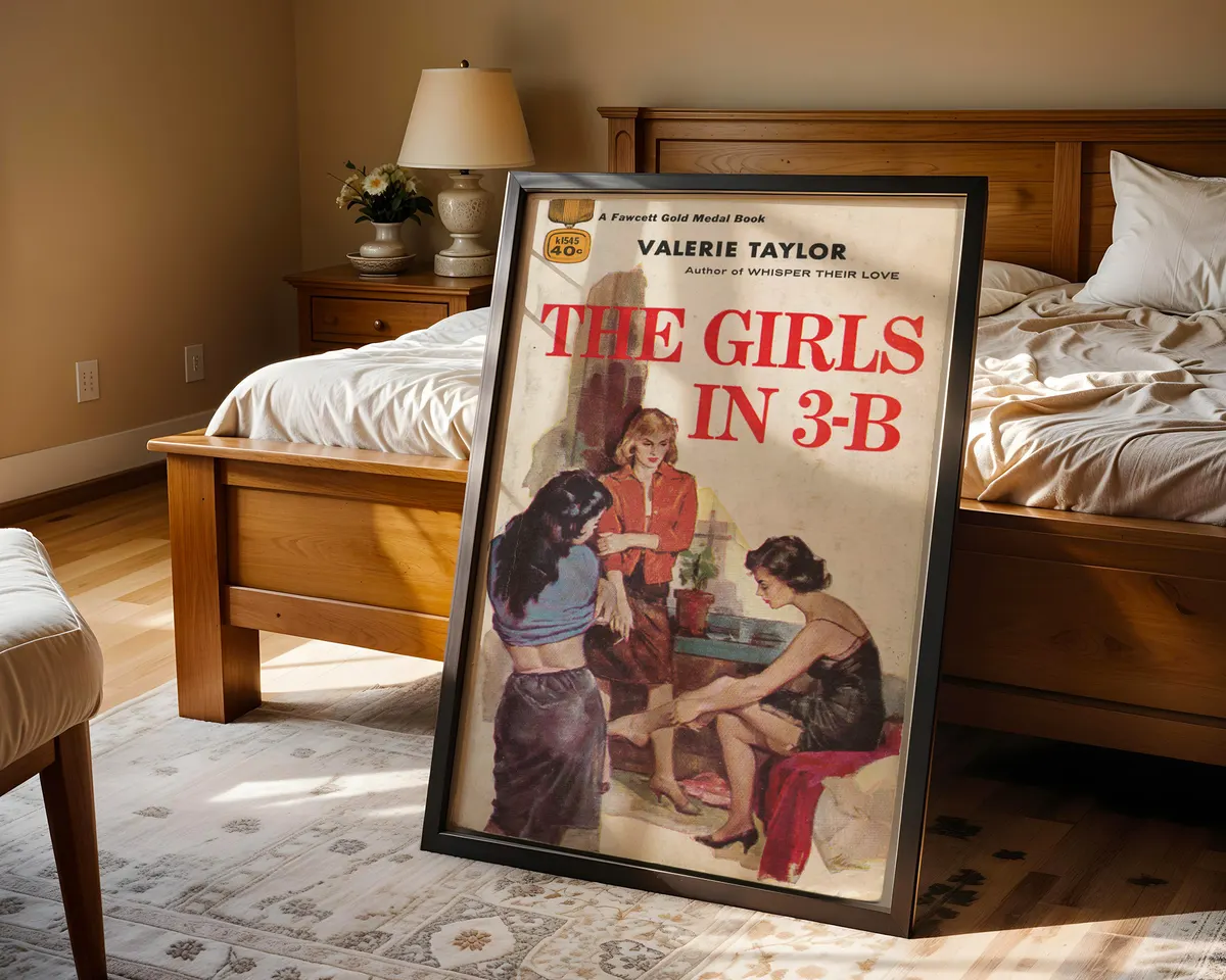 Vintage lesbian pulp paperback cover poster for Girls in 3-B showing three women in a warm mid-century illustration. — photo 4