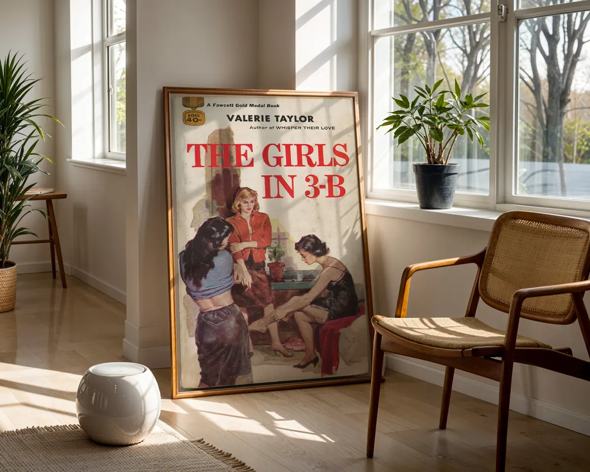 Vintage lesbian pulp paperback cover poster for Girls in 3-B showing three women in a warm mid-century illustration. — photo 5
