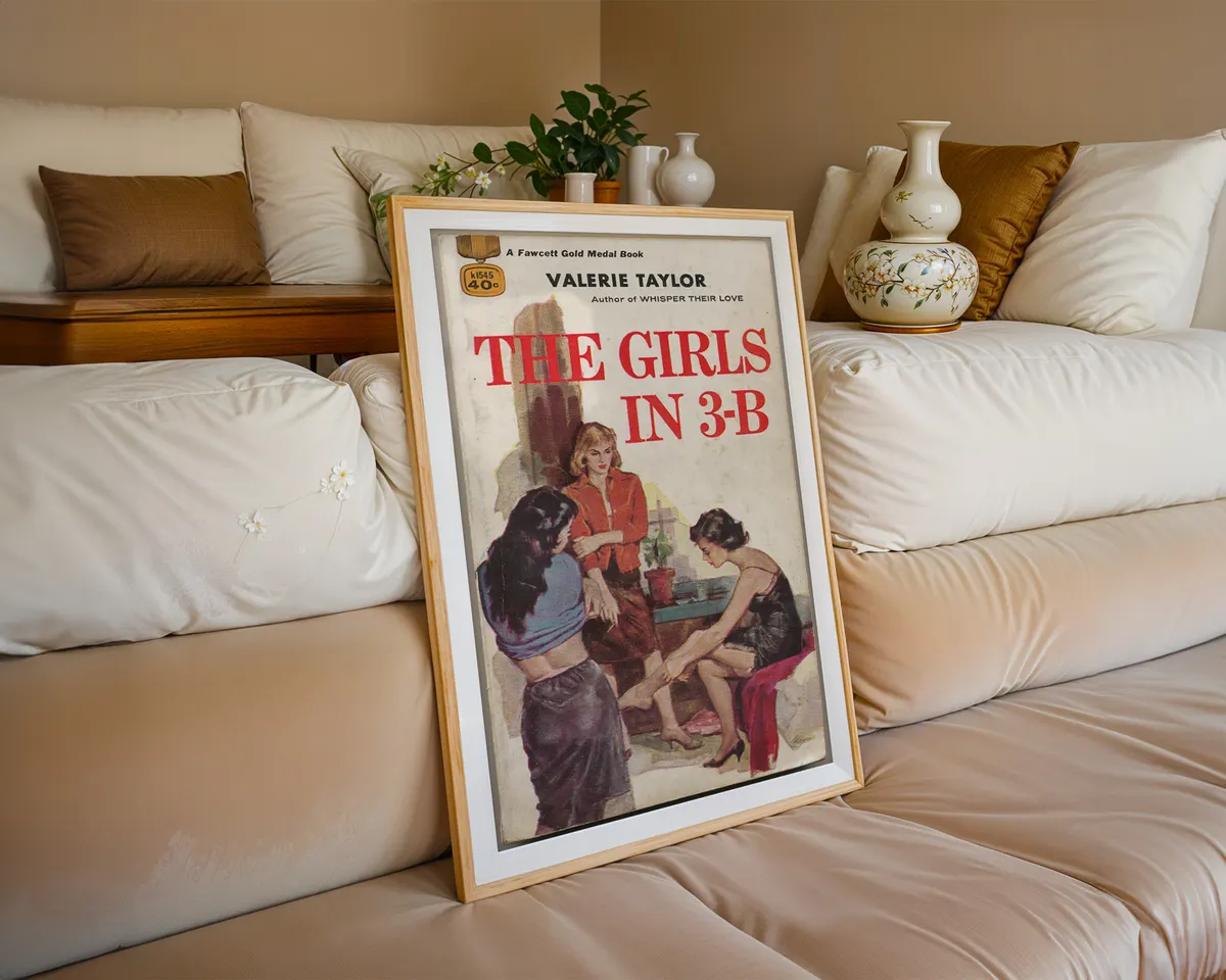 Vintage lesbian pulp paperback cover poster for Girls in 3-B showing three women in a warm mid-century illustration. — photo 6
