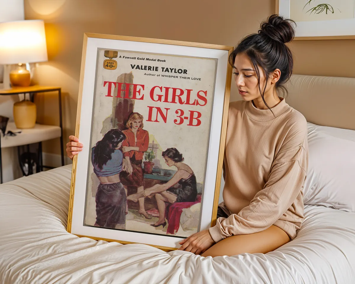 Vintage lesbian pulp paperback cover poster for Girls in 3-B showing three women in a warm mid-century illustration. — photo 7