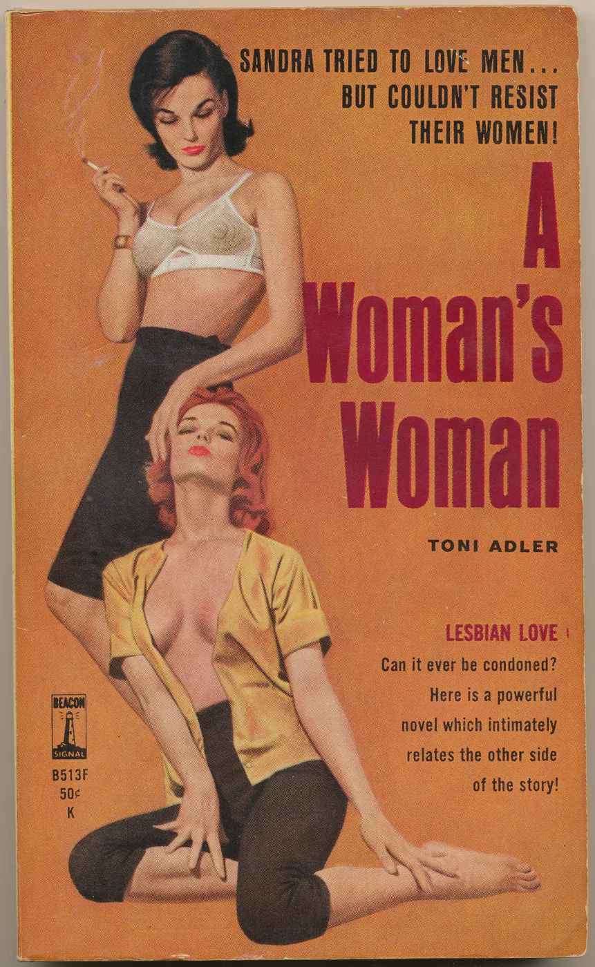 Vintage lesbian pulp paperback cover poster titled A Woman's Woman on a bold orange background.