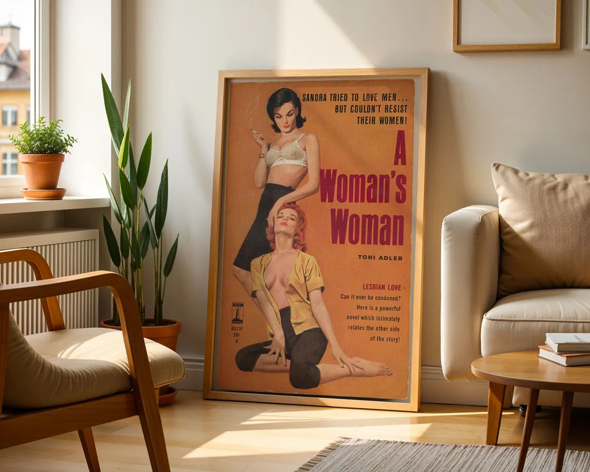 Vintage lesbian pulp paperback cover poster titled A Woman's Woman on a bold orange background. — photo 2
