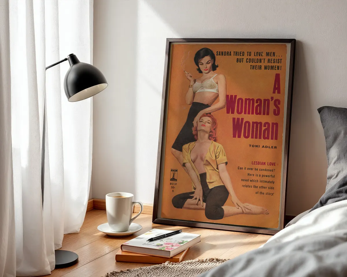 Vintage lesbian pulp paperback cover poster titled A Woman's Woman on a bold orange background. — photo 3