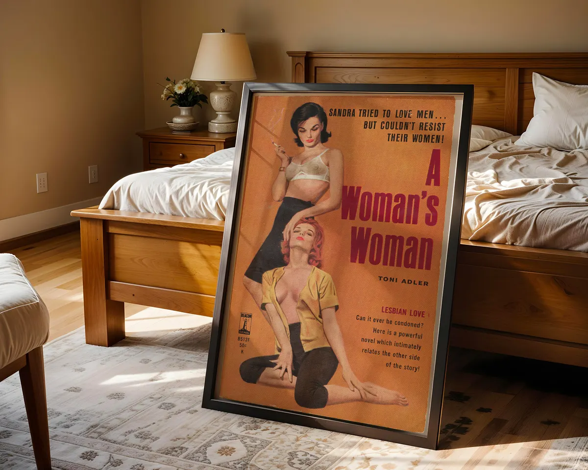 Vintage lesbian pulp paperback cover poster titled A Woman's Woman on a bold orange background. — photo 4