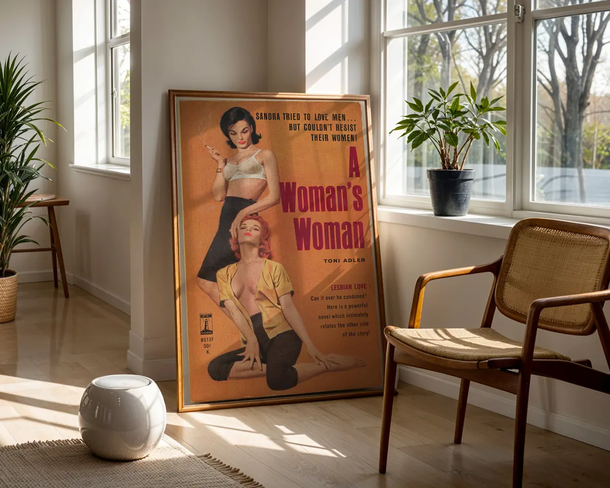 Vintage lesbian pulp paperback cover poster titled A Woman's Woman on a bold orange background. — photo 5