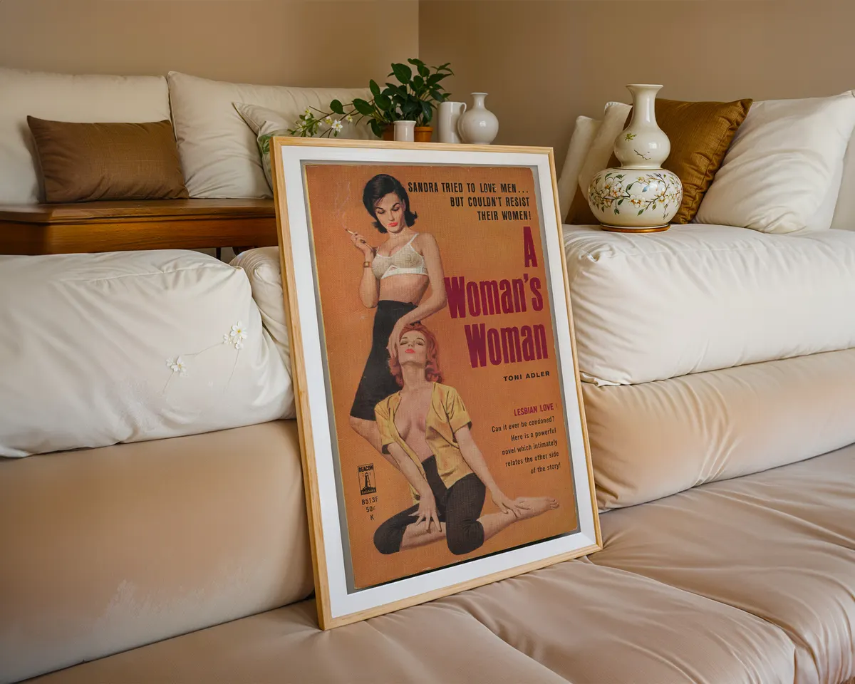Vintage lesbian pulp paperback cover poster titled A Woman's Woman on a bold orange background. — photo 6