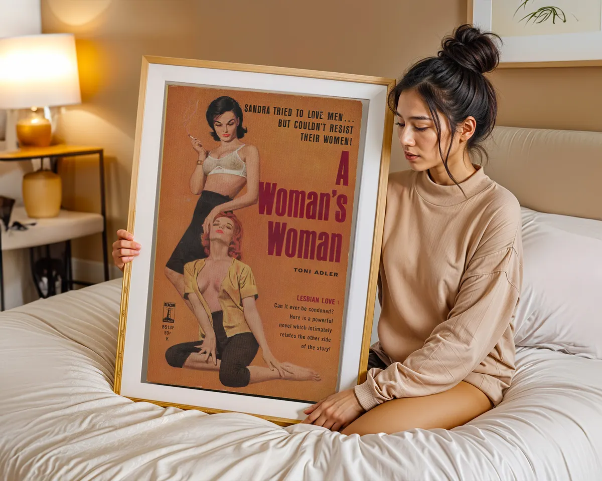 Vintage lesbian pulp paperback cover poster titled A Woman's Woman on a bold orange background. — photo 7