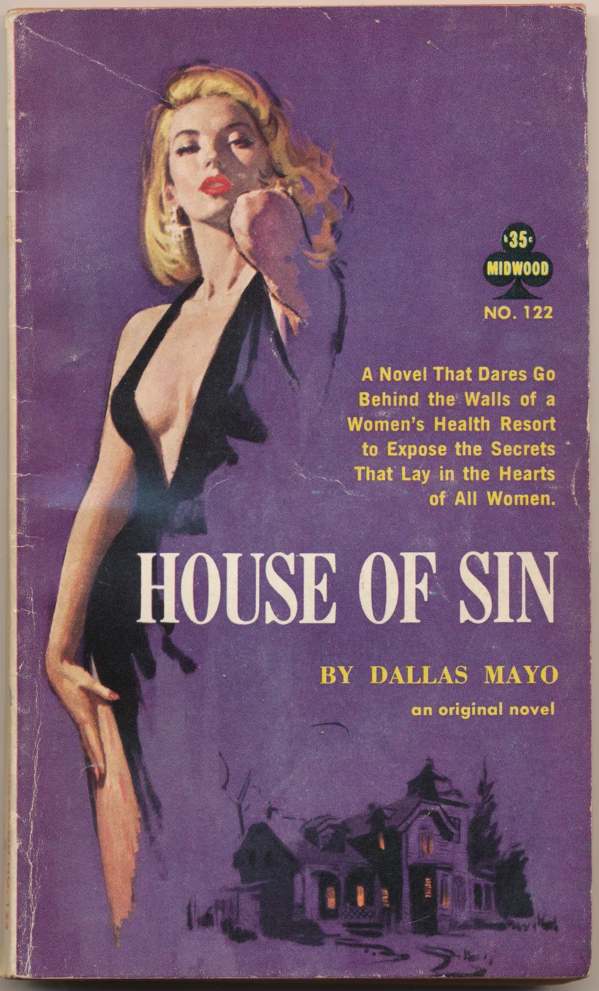 Vintage lesbian pulp paperback cover poster titled House of Sin in a sultry purple illustrated style.