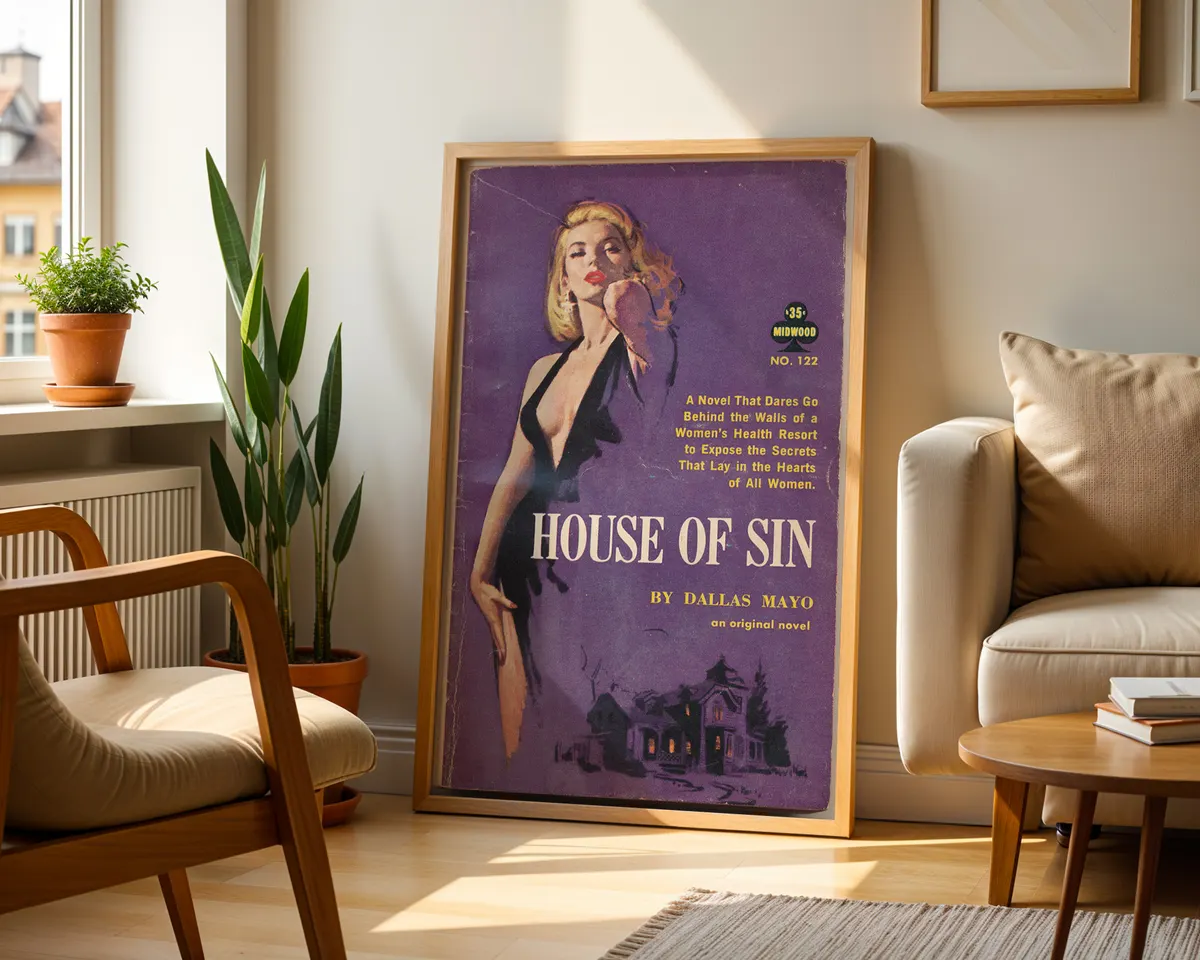 Vintage lesbian pulp paperback cover poster titled House of Sin in a sultry purple illustrated style. — photo 2