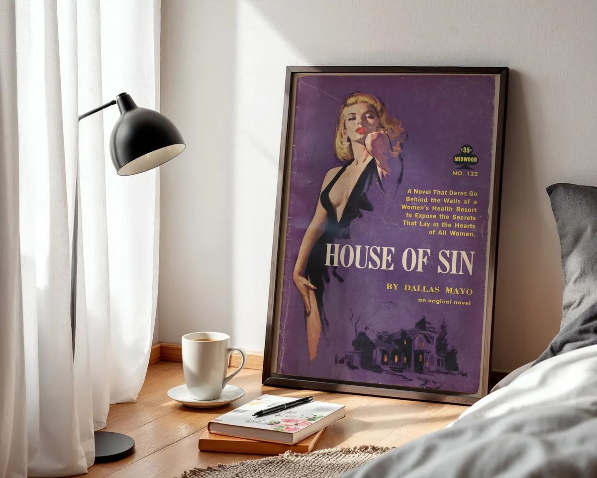 Vintage lesbian pulp paperback cover poster titled House of Sin in a sultry purple illustrated style. — photo 3