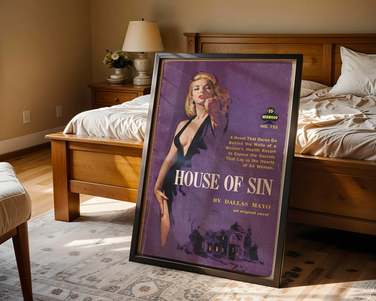 Vintage lesbian pulp paperback cover poster titled House of Sin in a sultry purple illustrated style. — photo 4