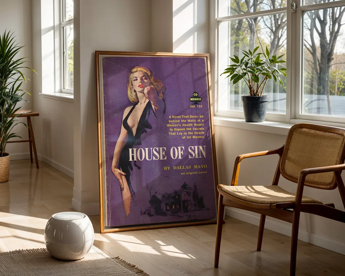 Vintage lesbian pulp paperback cover poster titled House of Sin in a sultry purple illustrated style. — photo 5