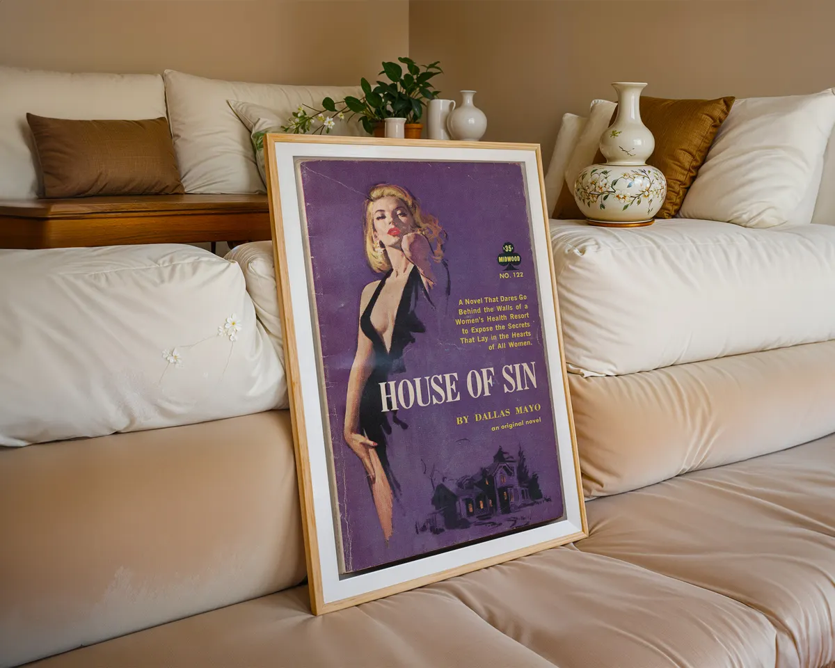 Vintage lesbian pulp paperback cover poster titled House of Sin in a sultry purple illustrated style. — photo 6