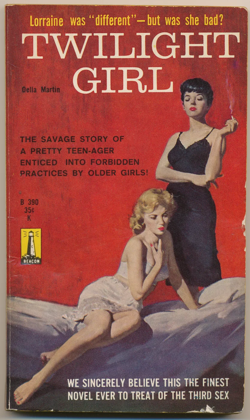 Vintage lesbian pulp paperback cover poster titled Twilight Girl with two women in a bold red room.