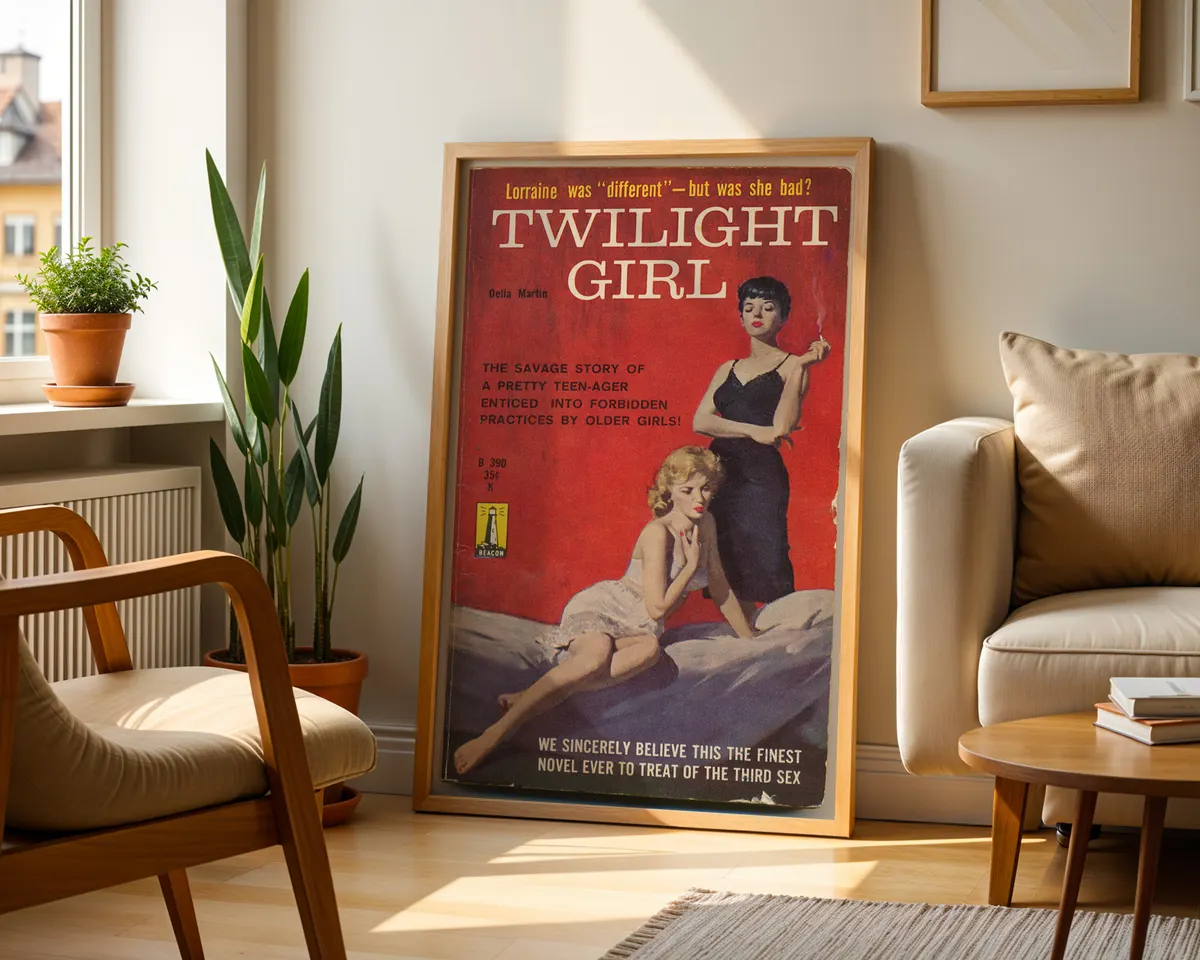 Vintage lesbian pulp paperback cover poster titled Twilight Girl with two women in a bold red room. — photo 2