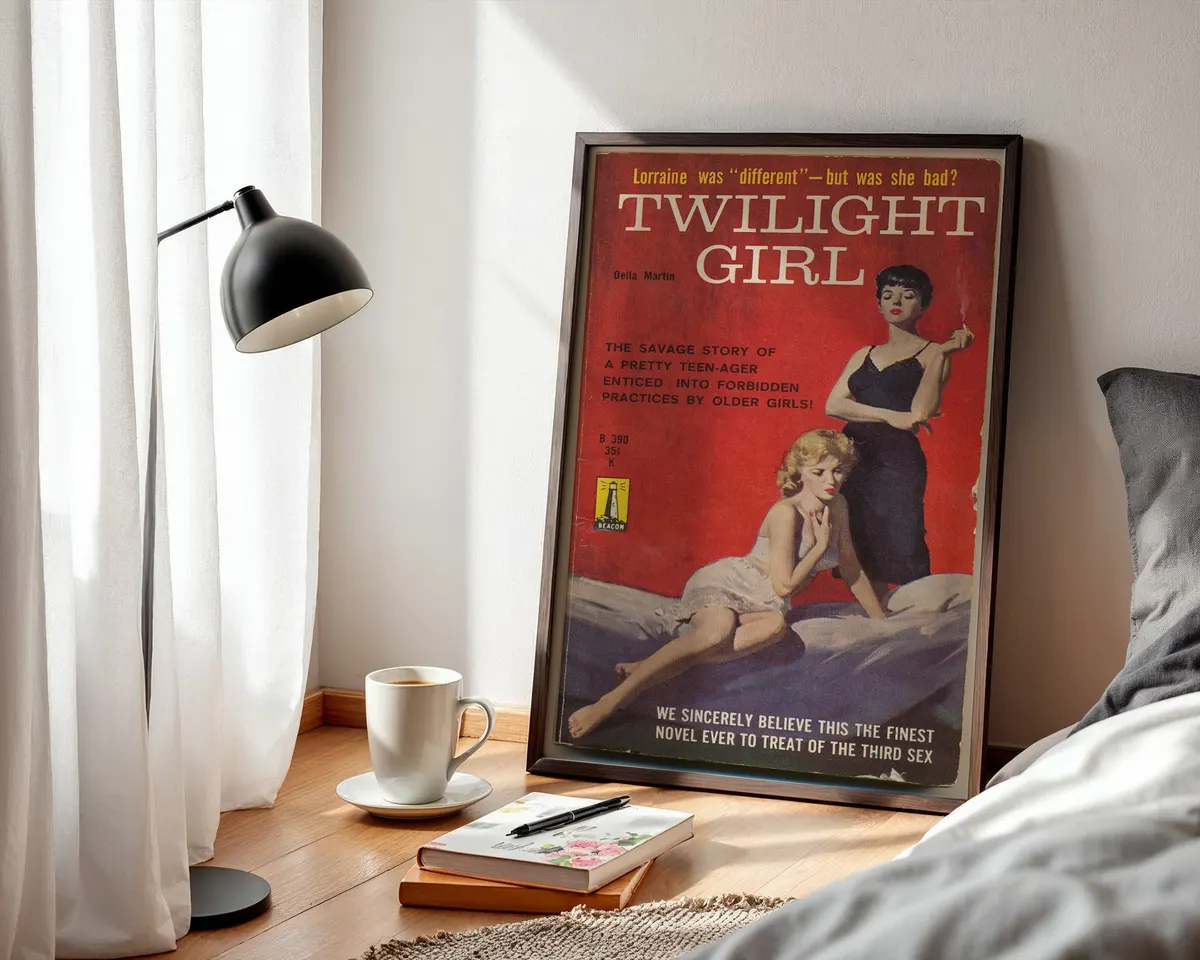 Vintage lesbian pulp paperback cover poster titled Twilight Girl with two women in a bold red room. — photo 3
