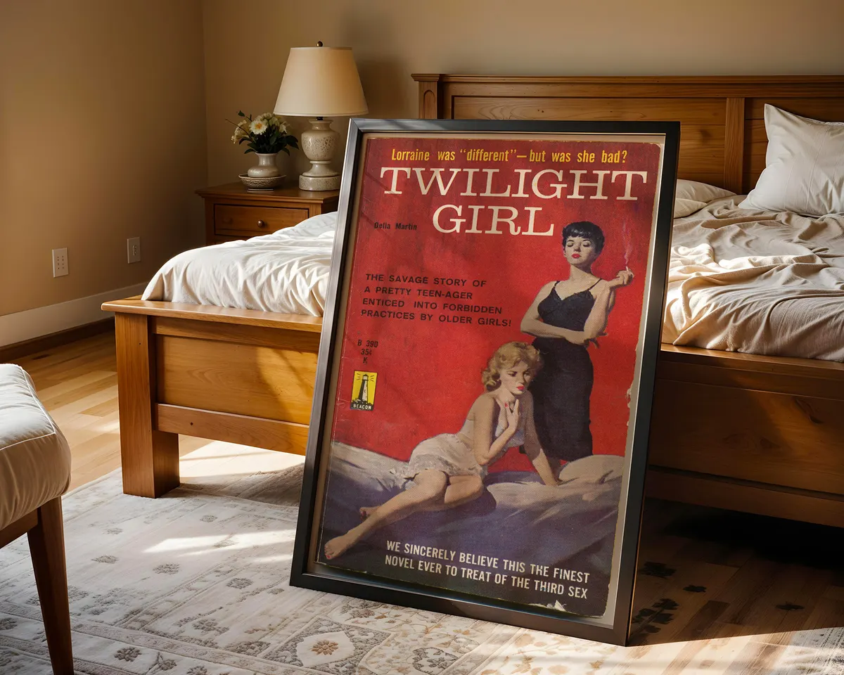Vintage lesbian pulp paperback cover poster titled Twilight Girl with two women in a bold red room. — photo 4